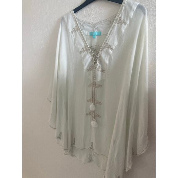 Melissa Odabash Mint Ivory Tunic Kaftan Cover up Sparkle Embroidery 100% Cotton - Picture 1 of 16